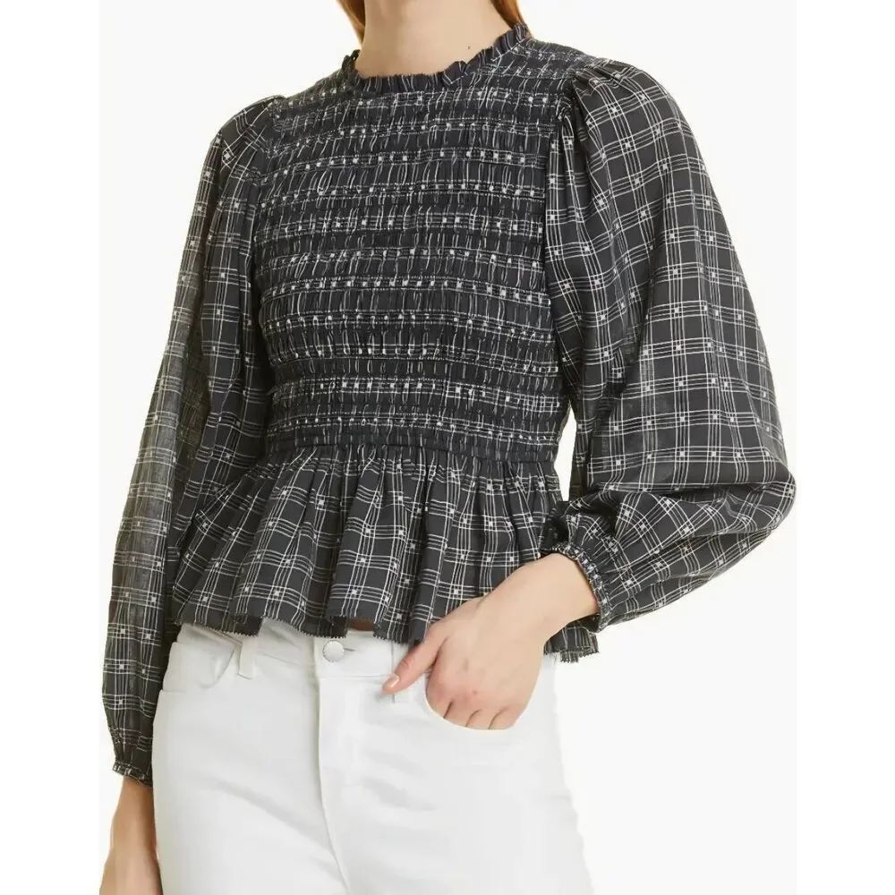 The Great The Contessa Check Cotton & Linen Peplum Top sz 0 (XS)